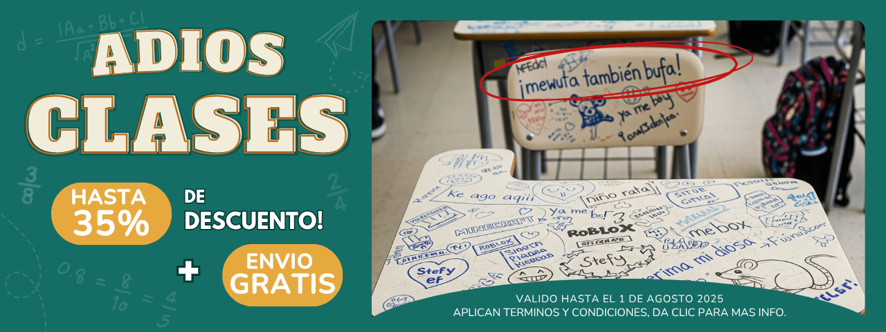 Anuncio ADIOS CLASES cel Banner de la promoción "Adiós Clases" con hasta 35% de descuento y envío gratis. Oferta válida hasta el 1 de agosto de 2025.Se muestran pupitres escolares vacíos.
