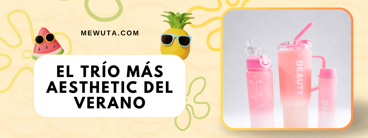 Anuncio Producto Trio Botellas cel Set de tres botellas de agua aesthetic en color rosa de Mewuta.com, promocionadas como "El trío más aesthetic del verano".